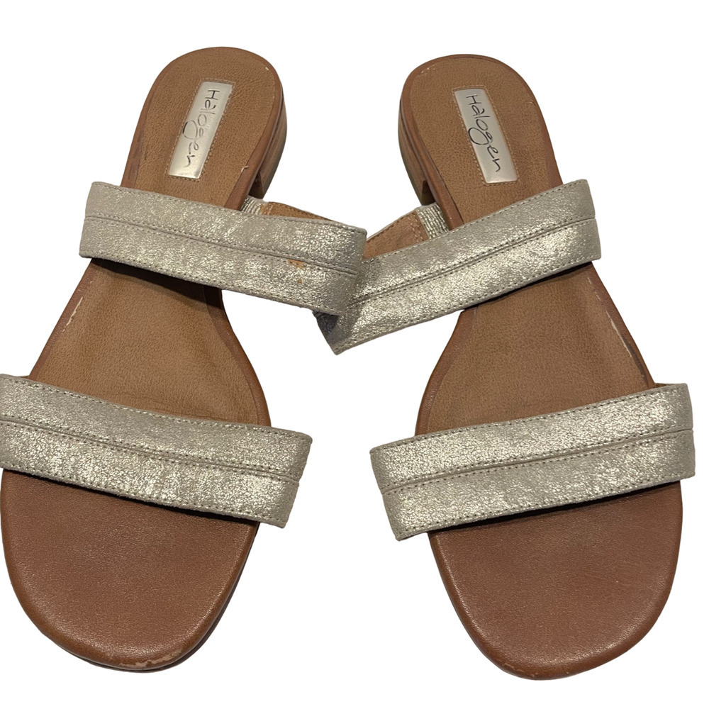 Halogen Gold Metallic Leather Double Strap Slide‎ Sandals